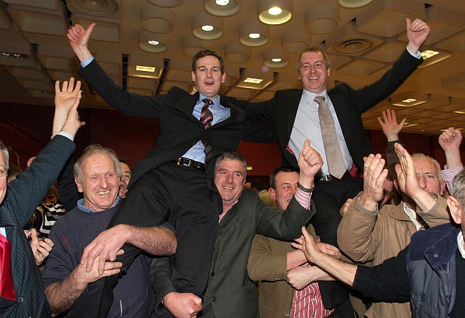 Fine Gael's Sean Kyne (left) and Brian Walsh celebrate with supporters after their election in 2011, but they have taken different roads in their attitude to the city bypass.