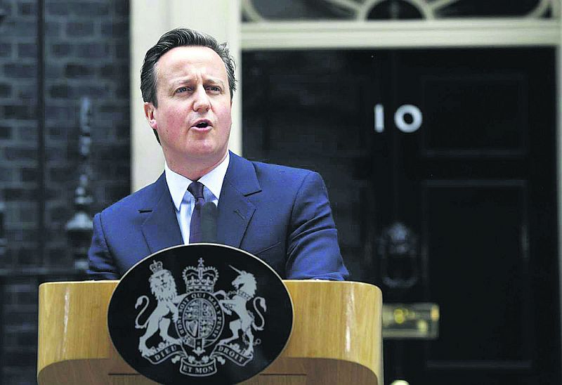 Back at Number 10...Britain's Prime Minister David Cameron speaks to the media after his stunning election success.