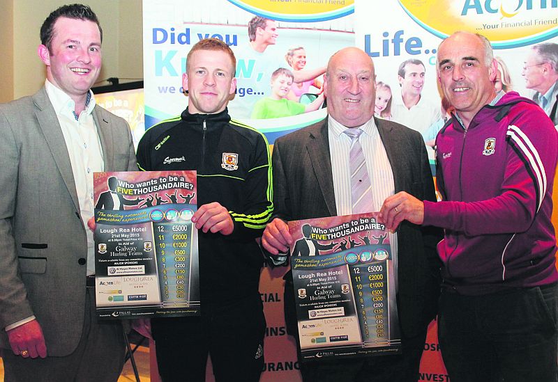 Mark Lane, Acorn Life, Davy Glennon, Galway senior hurler, Tony Rafferty, Area Manager Acorn Life, and Anthony Cunningham, Galway senior manager pictured at the launch of who wants to be Five Thousandaire Galway Hurling fundraiser eventwhich will be he3ld on May 21.