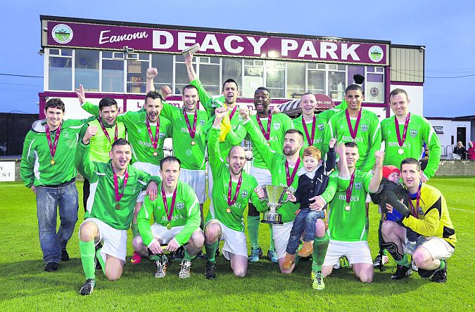 The West United team celebrate after winning the Joe Ryan Cup final at Eamonn Deacy Park on Sunday. Back row, left to right: Shane Reid, Lorcan Doyle, Sean Lydon, Conor Beatty, Philip Lydon, Christian Lomboto, Darragh Gordon, Christian Ryan and James Glynn. Front row: James Laffey, Aidan Fahy, Emmet Shaw, Ned Delaney, Declan Noone and Gary Small. Mascots are John Delaney and Kyle Small.