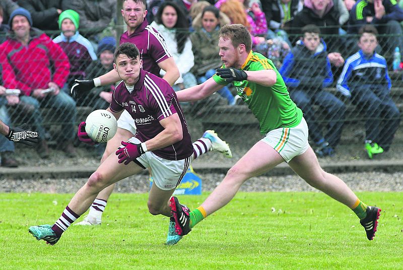 Galway full forward Damien Comer breaking free from Leitrim's Niall Woods during Sunday's Connacht Championship quarter-final in Carrick on-Shannon. Photo: Joe O'Shaughnessy.