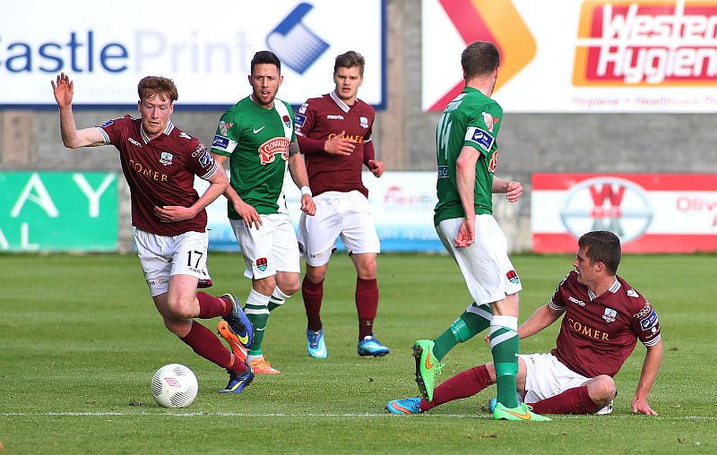 Galway United's Gary Shanahan on the ball against Cork City in Friday night's Premier Division tie at Eamonn Deacy Park. Photo: Joe O'Shaughnessy.