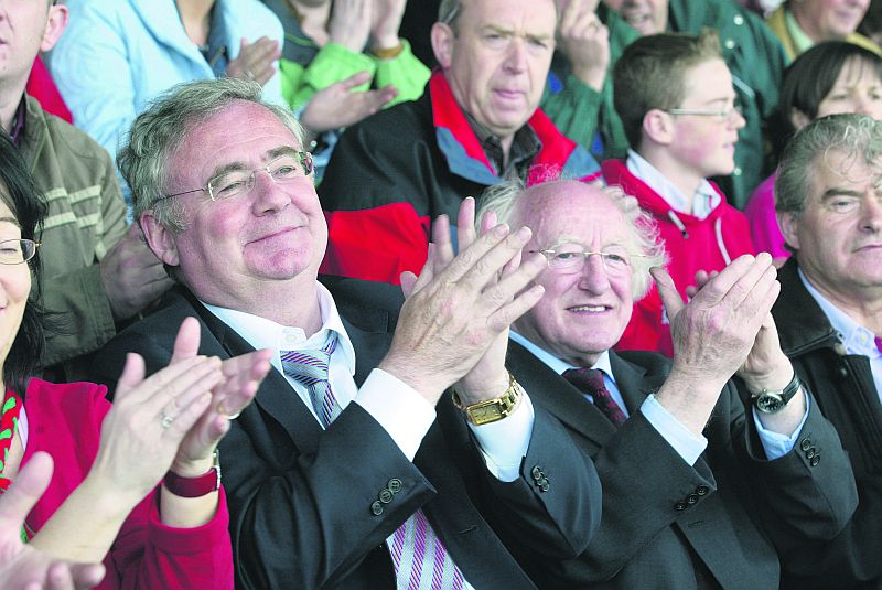 On his way....former Labour leader Pat Rabbitte – here with President Michael D Higgins during his time as a Galway West TD – at a Connacht Championship game between Galway and Mayo at the Pearse Stadium.