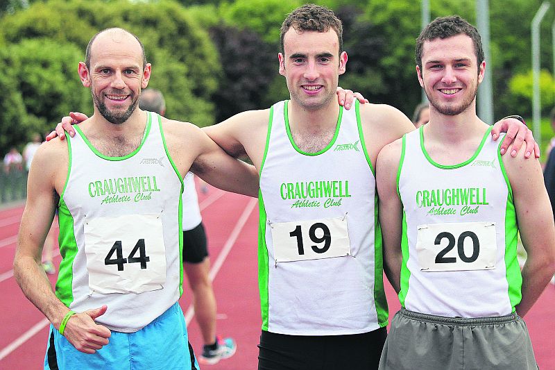 The first three home in the men's 5,000m at the Galway County championships in Dangan at the weekend. From left are Peter O'Sullivan (2nd), Peadar Harvey (3rd) and Damien O'Boyle (1st), all of Craughwell AC.