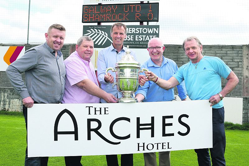 Pictured in Eamonn Deacy Park with the FAI Cup ahead of the reunion of Galway United’s 1991 FAI Cup winning squad next Monday were, from left: new club chairman, Jonathan Corbett; Eamonn Naughton of the FAI; United captain and goal-scoring hero in the final, Johnny Glynn; Sean Dunleavy of event sponsors the Arches Hotel in Claregalway; and James O’Toole of the Galway Soccer Co-Op. Photo: Joe O’Shaughnessy.