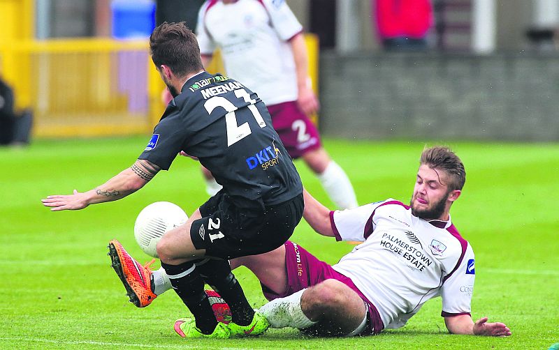Galway United's Alex Byrne battling for possession with Dundalk FC's and Darren Meehan during Tuesday evening's Premier Division tie at Eamonn Deacy Park. Photo: Joe O'Shaughnessy.