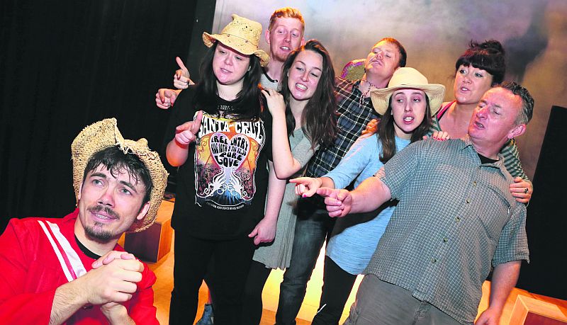 Little John and fellow members of the cast during rehearsal this week for Galway Decadent Theatre's stage adaptation of Vernon God Little. From left: Jarlath Tivnan who plays the lead role, Tara Finn, Jack O'Dowd, Eilish McCarthy, Peter Shine, Kate Murray, Tracey Bruen and Little John.
