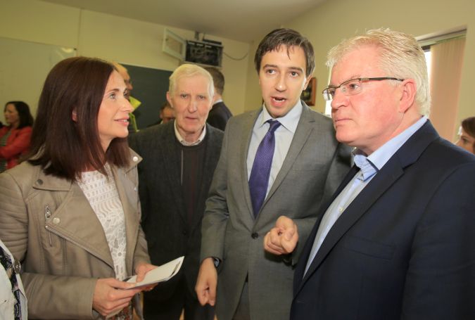 The Minister responsible for the Office of Public Works, Simon Harris (second right), pictured with Kiltiernan National School principle Edel Leech, Mattie Hallinan and Cllr Joe Byrne on his visit to the school yesterday. Photo: Hany Marzouk.