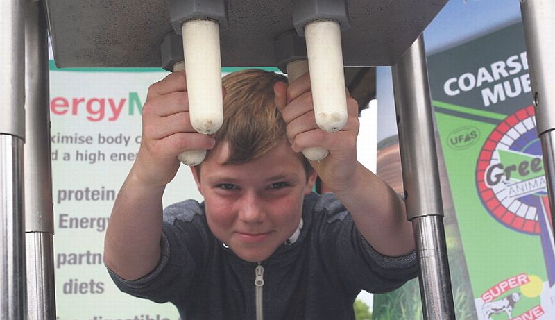 Shane Monaghan (11) from Athenry having some fun at the 'Open Day' on Stevie Lee's dairy farm in Kilkerrin last week. Photo: David Walsh