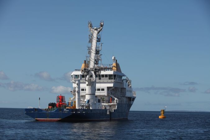 The Irish Lights vessel, ILV Granuaile, preparing to deploy the cable end equipment to complete the Ocean Observatory at Galway Bay. Photo: Aengus McMahon.