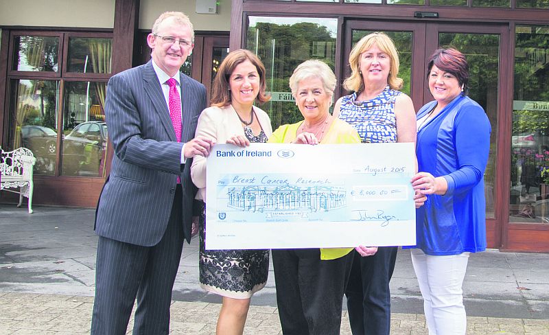 John Ryan and Maria Kelly of The Ardilaun Hotel presenting a cheque for €8,000 to Breast Cancer Research committee members Johanna Downes, Cathy Connolly and Una McDonagh; the proceeds of their recent First Furlong event in The Ardilaun during Race Week.