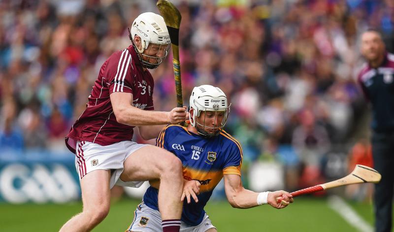 Galway defender John Hanbury puts the pressure on Tipperary's Niall O'Meara during Sunday's All-Ireland hurling semi-final at Croke Park. Photo: Stephen McCarthy/Sportsfile.