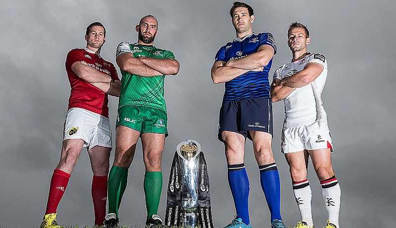 Connacht captain John Muldoon pictured with his counterparts from Munster (Denis Hurley), Leinster (Kevin McLaughlin) and Ulster (Paul Marshall) at the launch of the Guinness Pro12 at Diageo HQ, Park Royal, London. Photo: Dan Sheridan/Inpho.