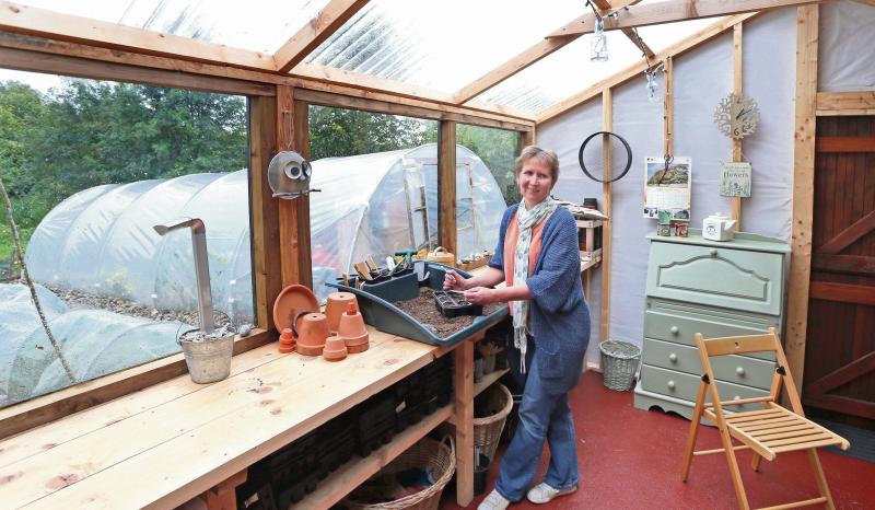 Kay Synott in her potting shed. "We were learning on the ground. I discovered that bringing out a class of 30 children with just one teacher is not a good idea." Photos: Joe O'Shaughnessy.