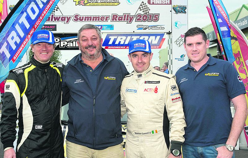 At the finish of the 4x4 Exporter Galway Summer Rally, the penultimate round of the Triton Showers National Rally Championship were, left to right: Peadar Hurson, winning driver, Mark Parsons, Clerk of the Course, Damien Connolly, co-driver, and Stephen Greaney, 4x4 Exporter, sponsor. Photo: Martin Walsh.