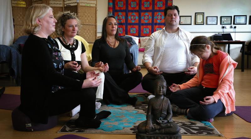 Ronah Corcoran, Dolores Andrew Gavin, Ruth Baguskas, Andrew Marmion in relaxation mode at the Amara Yoga and Wellbeing Hub. Photos: Joe O'Shaughnessy.