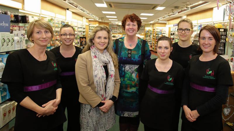 Some of the current staff at Hayes & Hayes. From left: Tracey Hardiman, OTC assistant; Dawn Lucas-O’Brien, technician; Sylvia O’Rourke, Pharmacist; Noelle Lynskey, Pharmacist; Linda Kavanagh, OTC assistant, Iwona Ostradecka, trainee technician, and Tina Darcy-Gorman, cosmetics assistant. Photos: Hani Marzouk.