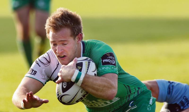 Connacht scrum half Kieran Marmion diving over for a try in their Guinness Pro12 victory over Cardiff Blues at the Sportsground on Saturday evening. photos: Joe O'Shaughnessy.