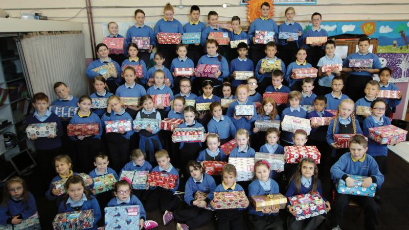 Spirit of Christmas...Pupils from Scoil an Chroi Naofa NS in Ballinasloe who organised a Christmas Shoe box appeal for children in the Third World, putting together a total of 91 boxes.