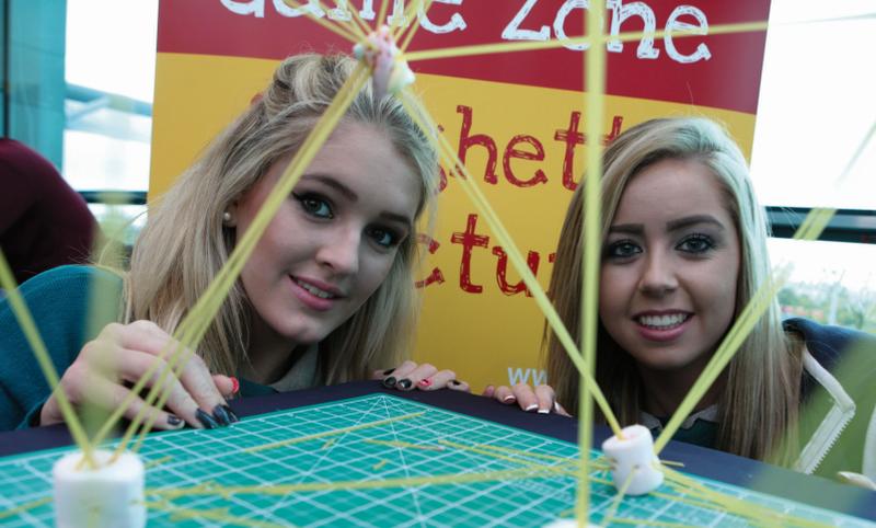 Sophie Goode and Reece Fahy from Portumna Community College pictured at the "Spaghetti Structure" workshop at GMIT's recent Open Day.