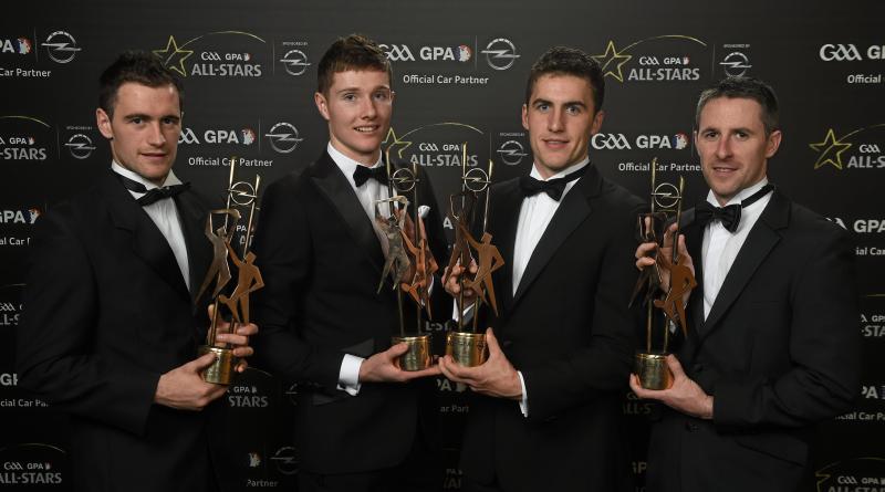 Galway hurlers David Burke, Cathal Mannion, Daithí Burke and Colm Callanan who were honoured with GAA GPA All-Star Awards at the Convention Centre, Dublin on Friday night. Photo: Paul Mohan/Sportsfile.