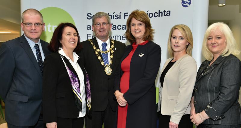 Tanaiste and Minister for Social Protection Joan Burton officially launched Intreo in Galway - the new integrated employment & support service provided by her Department at the Seán Duggan Centre, Fairgreen Road, Galway, where she was joined by (from left) Eoin Browne, Divisional Manager, Mary McMahon, Area Manager, Cllr Frank Fahy, Galway City Mayor, Regina Higgins, Divisonal Manager and Annette Murphy, Area Manager, Dept.of Social Protection.