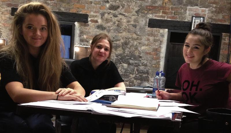 Fionnuala Gygax, Ailish Leavy and Danielle Galligan working on Hostel 16 at Druid Theatre.