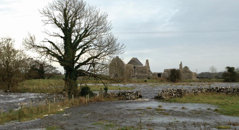 The Abbert River overflows into the surrounding callows and countryside in Abbeyknockmoy on Sunday with the 12th century Cistercian Monastery, known locally as 'The Old Abbey', providing the backdrop. PHOTO: JOHNNY RYAN.