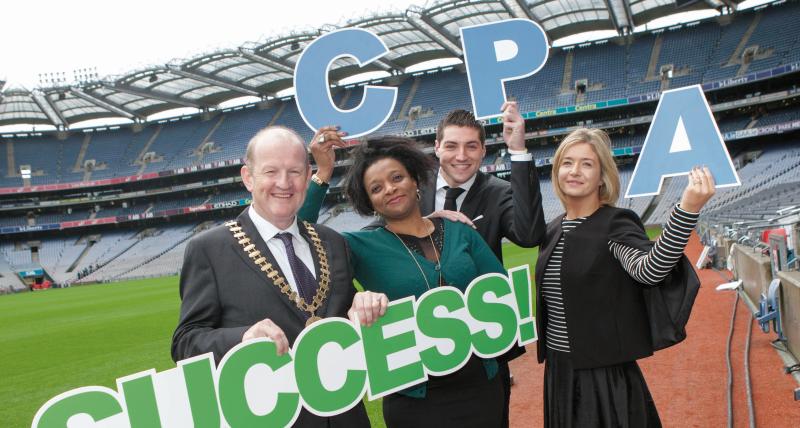 CPA Ireland President Brian Purcell, Obiajulu Okosi, Dundalk, Dean Alford, Clondalkin, Dublin and Clare Cooley from Monivea at the CPA Ireland Conferring Ceremony in Croke Park.