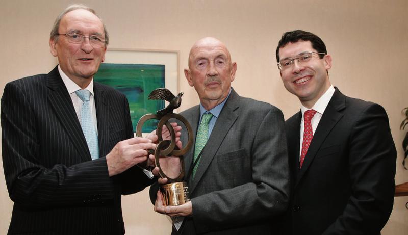 Barney Curley (centre) receives a special award from Ceann Comhairle Sean Barrett, joined by Galway Senator Ronan Mullen, at a ceremony in Dublin. Ireland's most famous gambler who has raised millions of euro for schools and hospitals in Africa was the 2015 recipient of the Human Life, Human Rights and Human Dignity Award presented by the Oireachtas Human Dignity Group.
