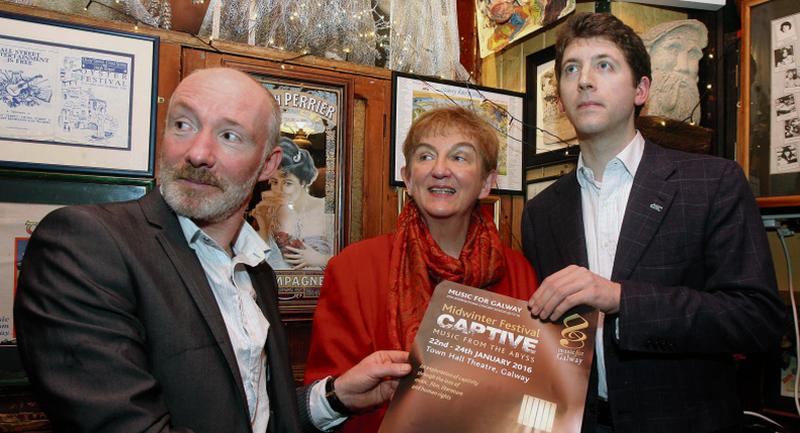 Diarmuid de Faoite, actor, Anne Ó Máille, Chairperson, Music for Galway and Finghin Collins, Musical Director, Music for Galway, in Tí Neachtain, at the launch of the Music for Galway Midwinter Festival "Captive – Music from the Abyss". Photo: Iain McDonald.