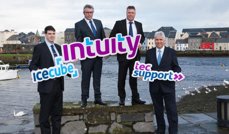 Cathal Clancy, Sales Manager, Tec Support; David Cox, Director, Intuity; Gerard Cox, CEO, Intuity and Thomas Cox, Director, Intuity, at the announcement of the newly merged icecube and tec support in Galway.