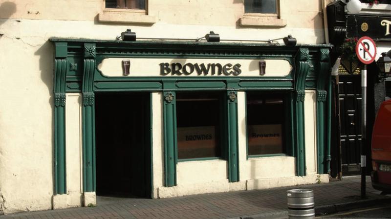 LANDMARK . . . The famous Brownes Pub in Tuam which has been closed for several years and has fallen into a serious state of disrepair. Photo: Johnny Ryan.