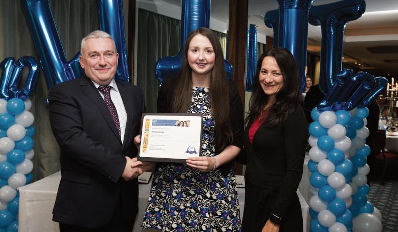 UCD student Elizabeth Burke from Tynagh being presented with her Intel 'Women in Technology' Scholarship by Intel Shannon GM Brian Ahern and Intel VP Sandra Rivera. The scholarship involves a €3,000 award for each year of the degree as well as the provision of an Intel mentor and the opportunity to complete summer internships at the Intel Shannon facility.