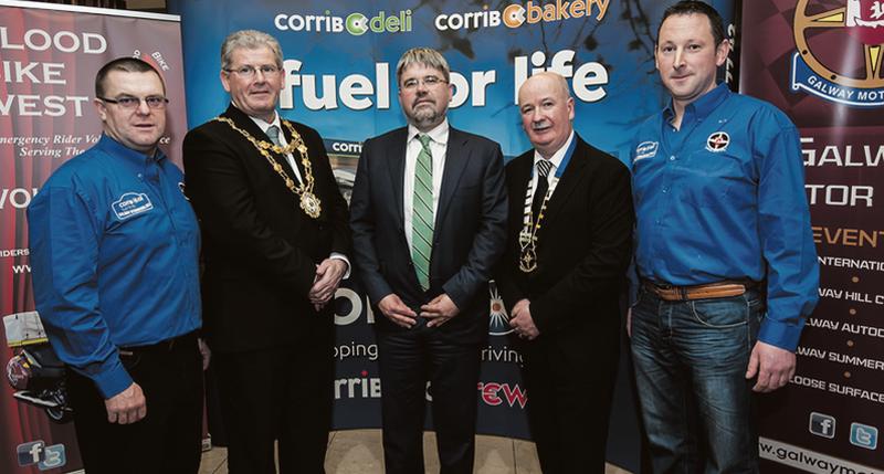 Clerk of the Course, Kieran Donohue, Mayor of Galway, Councillor Frank Fahy, Eugene Dalton, Corrib Oil, sponsos, President of the Galway Motorclub, Pat Sheils, and Deputy Clerk of the Course, Kenneth Lee, at the launch of the Galway International Rally.