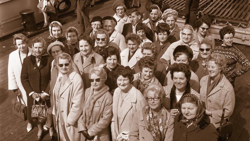 Members of the Galway Branch of the Irish Countrywomen's Association on board the tender, Galway Bay, before they embarked on the liner the Statendam on their way to Holland in May 1967. It was the largest liner to call at Galway since the Second World War.
