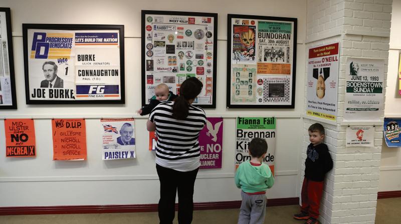 A section of the exhibition of political posters and ephemera entitled 'Promises, Promises' at the Kenny Art Gallery in the Liosbán Retail Park. The exhibition features older posters, fliers and handouts from National, Local and European elections, and political and protest meetings. Photo: Joe O'Shaughnessy.