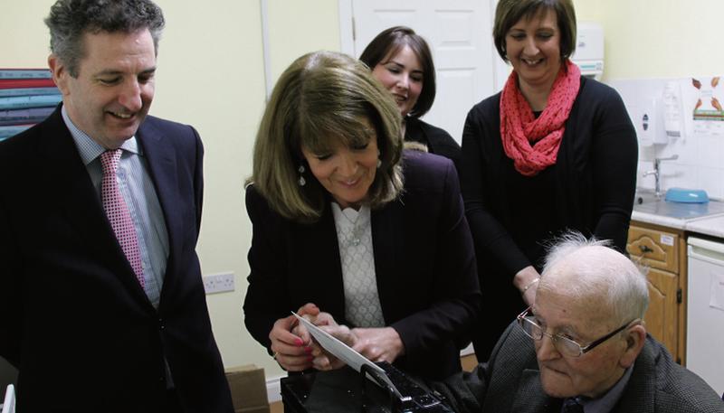 Adrian Ahearne Manager Kilconnell Nursing Home, Mary Noone owner Kilconnell Nursing Home,Breda Byron GCC, Patty Mulkerrins GCC, and Bertie Walsh aged 97, Resident Kilconnell Nursing home and Liscappul, Aughrim, Ballinasloe casting his vote on Saturday in the nursing home. Left: Cllr Michael Finnerty canvassing in Kilconnell Nursing Home with Nurse Martin Stack.