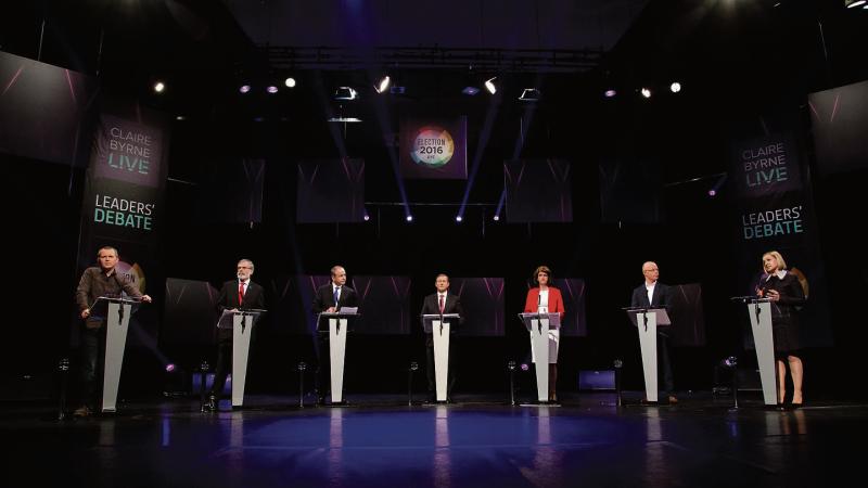 Podium finish...party leaders (from left) Ricard Boyd Barrett, Gerry Adams, Micheal Martin, Enda Kenny, Joan Burton, Stephen Donnelly and Lucinda Creighton during RTE's election debate.