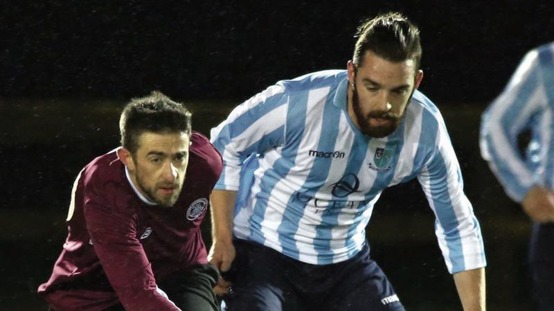 Athenry FC's Jamie O'Driscoll in a race for possession with Paul Scully of Salthill Devon during the clubs' Premier Division tie in Drom. Photo: Joe O'Shaughnessy.