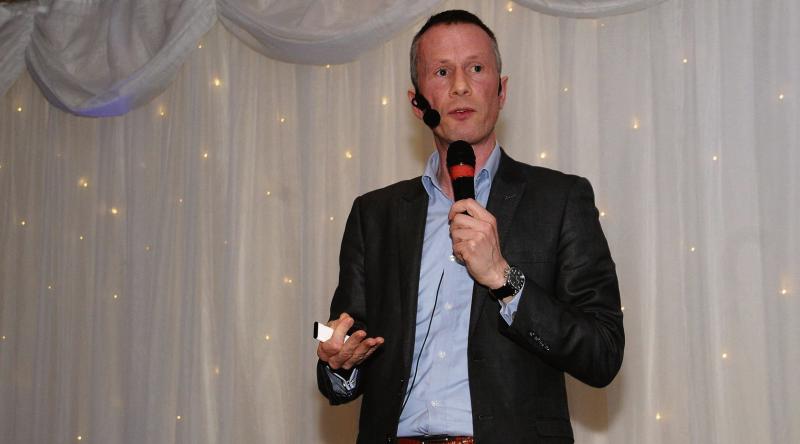 Motivational speaker Gerry Duffy, who ran 32 marathons in 32 days, speaking at the Tri Talking Sport event in the Salthill Hotel last week. Photo: Brad Anderson of Photoone Studios.