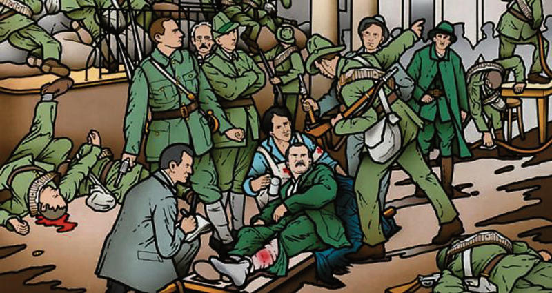 Robert Ballagh's reworking of Birth of the Irish Republic by Walter Paget.