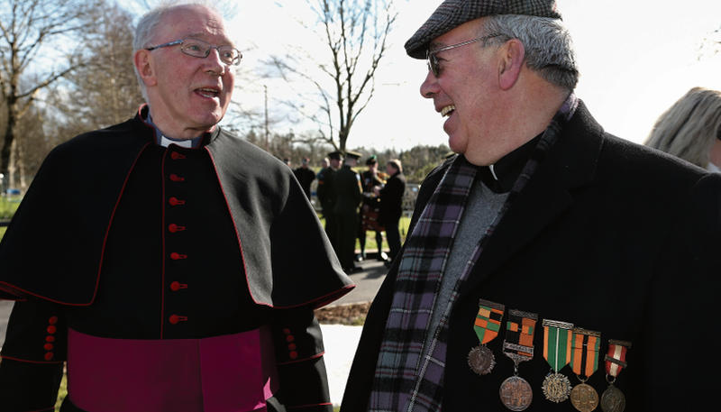 Bishop John Kirby of Clonfert and Fr Brendan Lawless, PP, Portumna, at the Athenry 1916 Centenary Commemoration on Easter Monday. Fr Lawless is wearing his father Stephen Lawless' medals from the 1916 Rising, War of Independence, 1966 Rising 50th anniversary, 1971 Independence 50th anniversary, and National Service, Second World War 1939-1945.