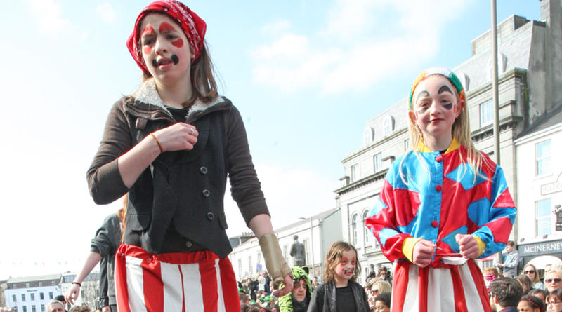 Young stiltwalkers show their skills during the Saint Patricks Day parade in Galway. Photo: Joe O'Shaughnesy.