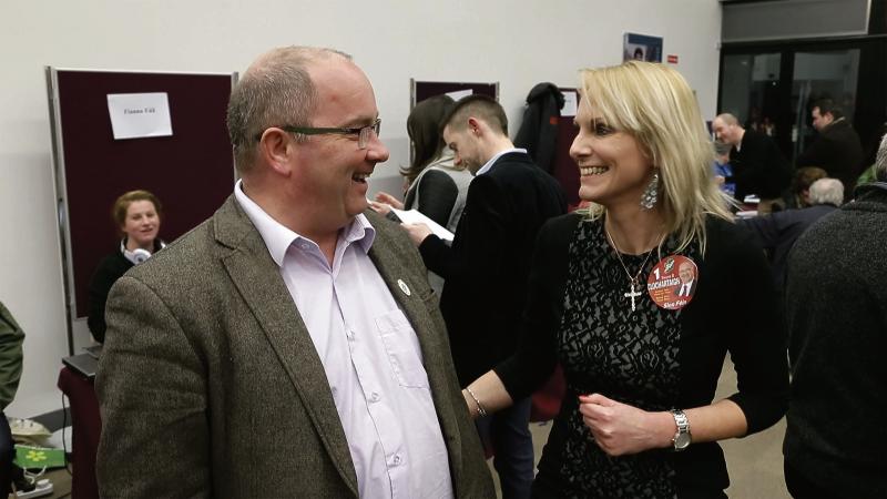 Sinn Fein Galway West candidate Trevor O Clochartaigh with party member Stephanie Flaherty Klapp at the Galway West count in the Bailey Allen Hall at NUI Galway.