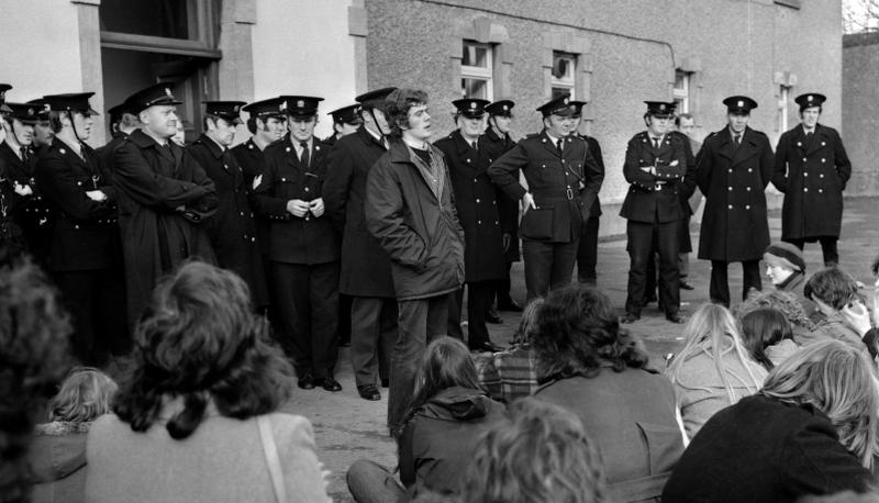 Eamon Gilmore, president of the UCG (now NUI Galway) speaking to protesting students at the Galway County Buildings at Prospect Hill on December 5, 1974.