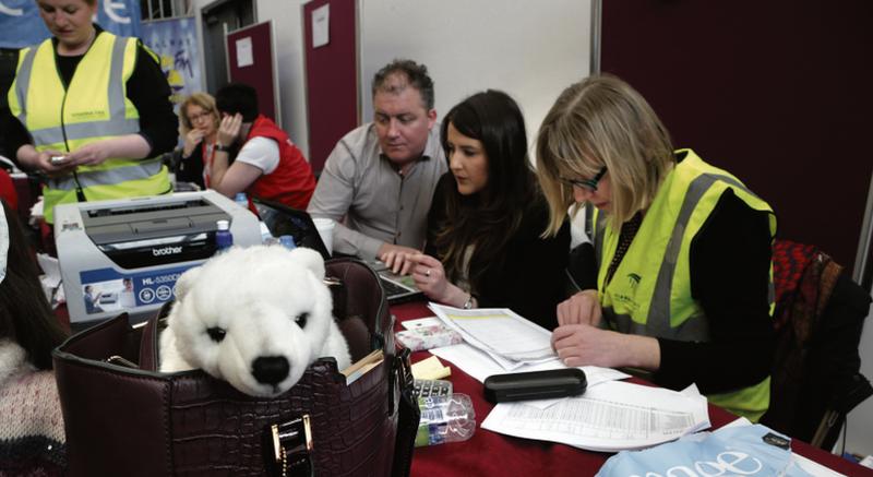 Taking a peek at the votes for Galway West in the count centre at the Bailey Allen Hall in NUIG. Photo: Joe O’Shaughnessy.