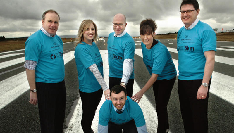 Mayo footballer Keith Higgins is on his marks at the announcement of the Ireland West Airport Runway Run / Walk with (from left) Mike Crowe, MS Ireland, Rachael Dooley, Cancer Care West, Eugene Loughran, Bank of Ireland, Donna Burke, Pieta House, and Joe Gilmore, Managing Director, Ireland West Airport.