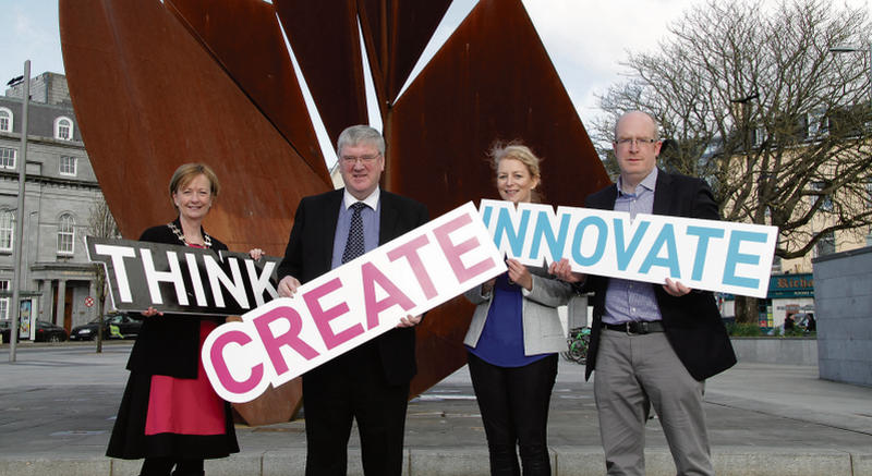 Network Ireland Galway Branch President Linda Ford; Supermacs founder Pat McDonagh; Innovation Academy Graduate Maureen Fynes and Ronan Byrne aka the Friendly Farmer showing their support in launching the free Innovation Academy, UCD Postgraduate Certificate in Innovation, Entrepreneurship & Enterprise, Galway programme in Eyre Square. Photo: Andrew Downes.