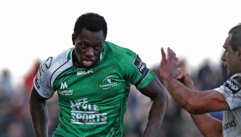 Connacht winger Niyi Adeolokun kicks ahead in the move which led to Kieran Marmion's first half try in Saturday's Guinness Pro 12 encounter at the Sportsground. Photo: Joe O'Shaughnessy.